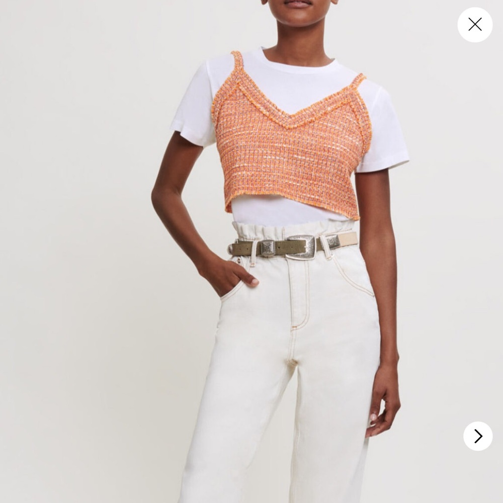 Maje Paris Tweed Crop Top Orange Fringe Hem Size 2 (US Small) V-Neck Cami NWOT